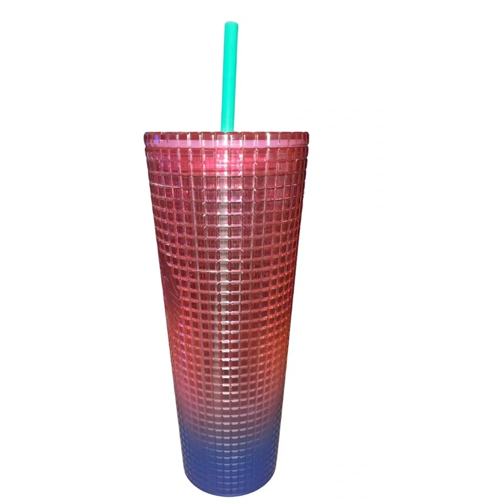 NWT Starbucks Venti Pink Blue Gradient Grid Tumbler Cold Cup 24oz